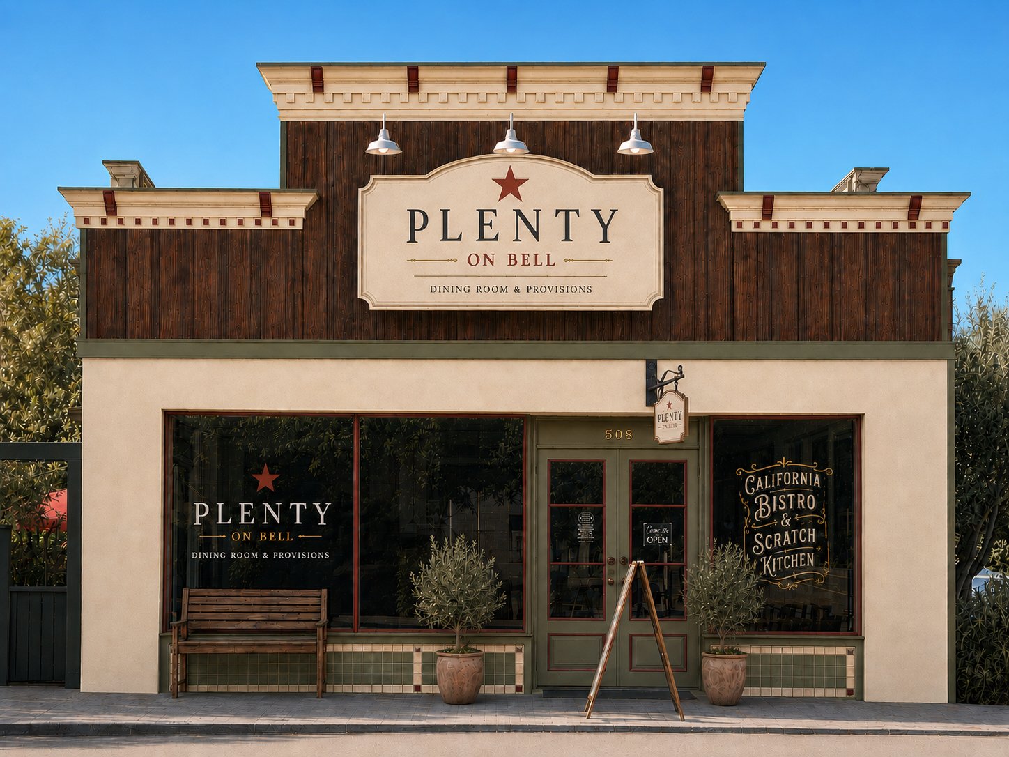 Plenty on Bell storefront with California Bistro window lettering
